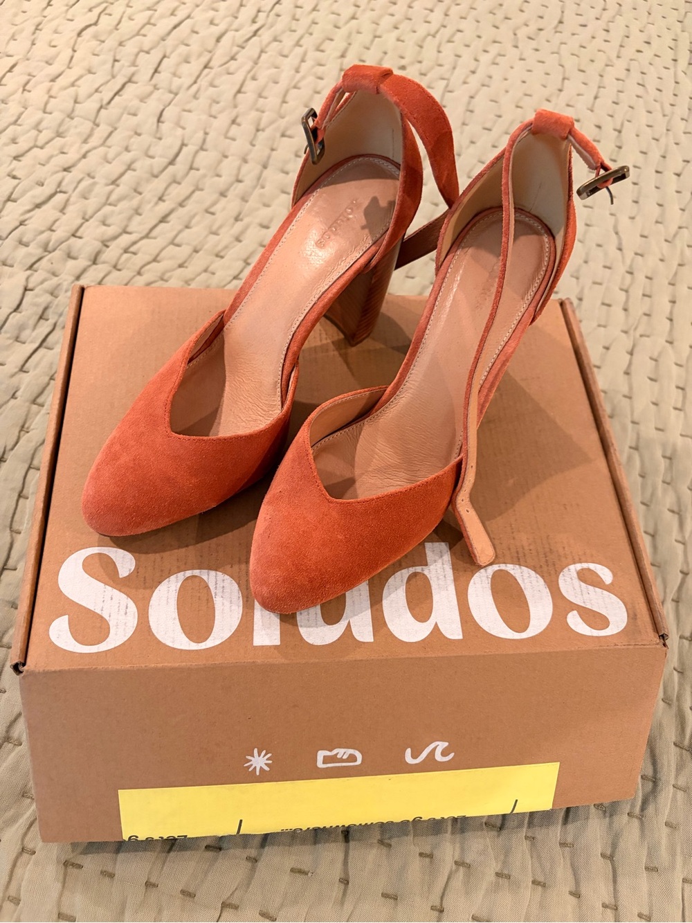 Soludos Orange Suede Ankle-Strap Block Heels